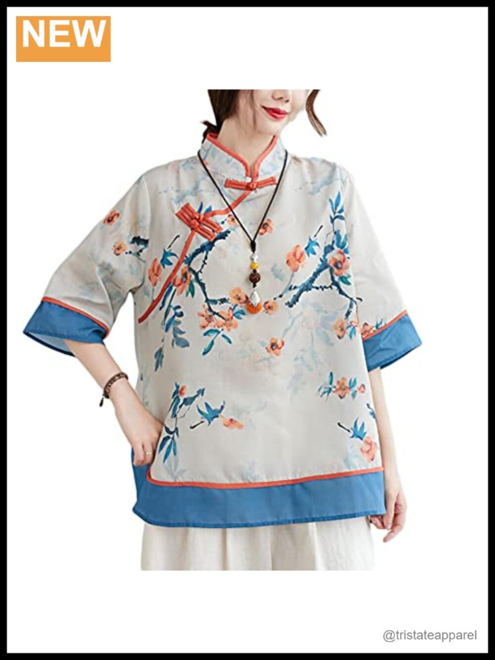 Elegant Retro Chinese Frog Button Floral Tunic Top